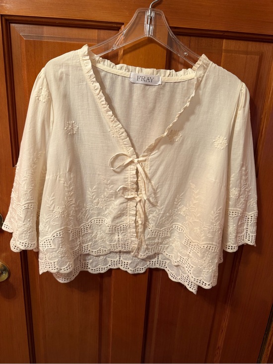 Fray Boutique Tops - Cream Embroidered Tie-Front Peasant Blouse
